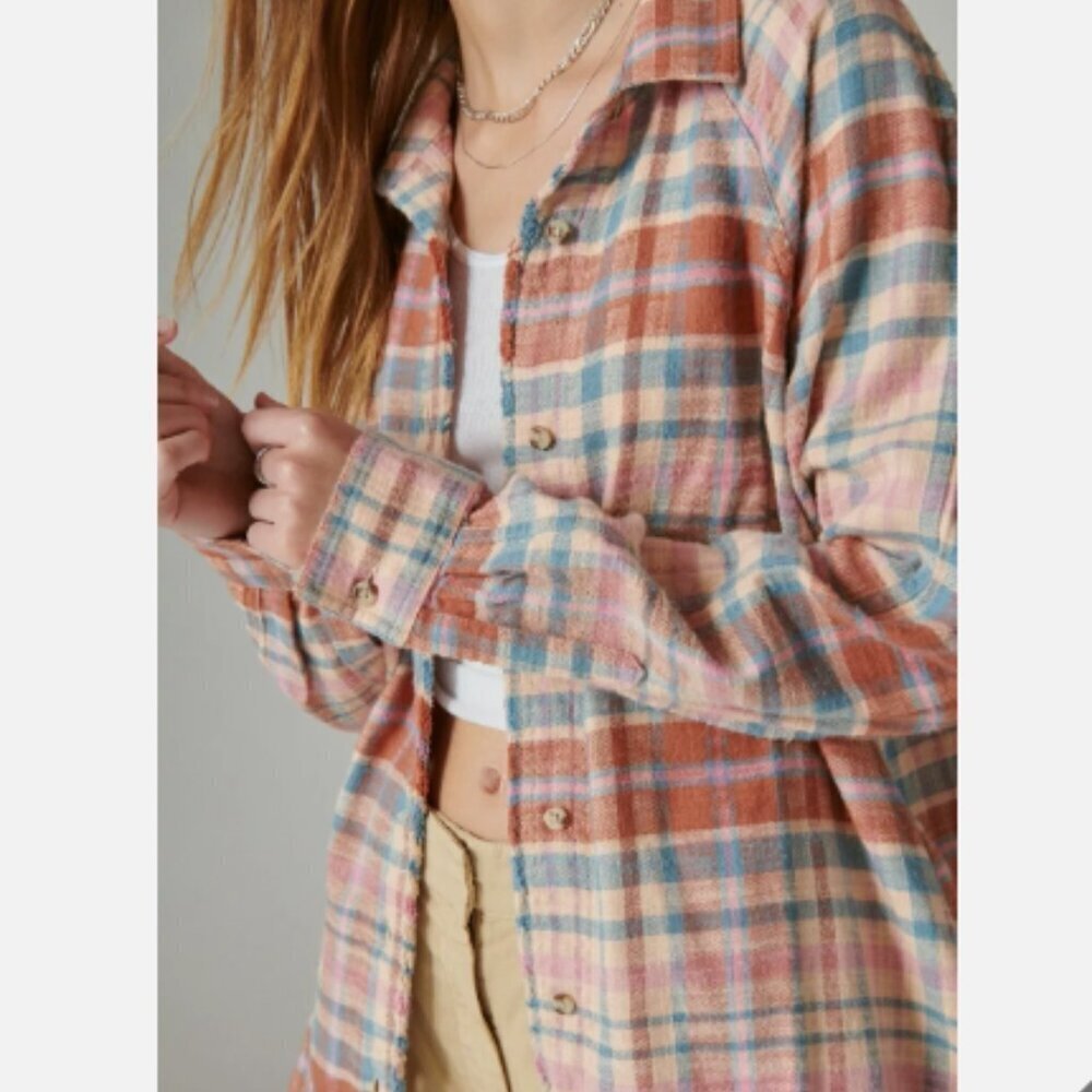 Lucky Brand Plaid Button Front Raw Hem Tunic Shacket Size XS NWT - Picture 2 of 11